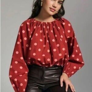 $98 NWT Maeve Anthropologie Puff Sleeve Cropped Top Blouse Polkadot Small